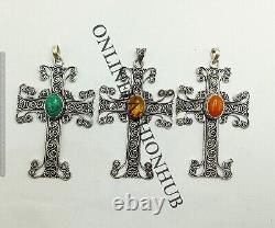 Gift Rose Quartz & Mix Gemstone 925 Sterling Silver Plated Holy Cross Pendants