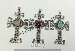 Gift Rose Quartz & Mix Gemstone 925 Sterling Silver Plated Holy Cross Pendants