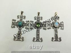 Gift Rose Quartz & Mix Gemstone 925 Sterling Silver Plated Holy Cross Pendants