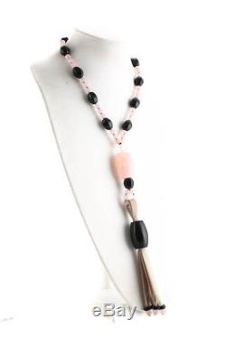 Giorgio Armani Womens Tassel Beaded Necklace Black Resin Pink Rose Quartz