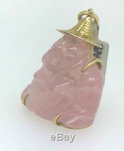 Gold Buddha Rose Quartz Vintage Pendant 14ct. Charm necklace. Long life SHOU