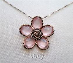 Gold Gilded Sterling Silver Pink Quartz Diamond Flower Pendant Necklace Chain