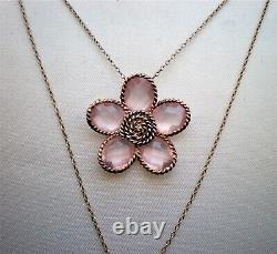 Gold Gilded Sterling Silver Pink Quartz Diamond Flower Pendant Necklace Chain