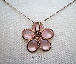 Gold Gilded Sterling Silver Pink Quartz Diamond Flower Pendant Necklace Chain