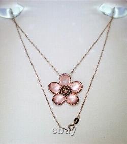 Gold Gilded Sterling Silver Pink Quartz Diamond Flower Pendant Necklace Chain