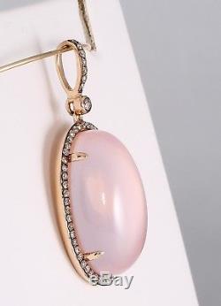 Gorgeous 14K Rose Gold Sabrina Signed Diamond Halo Pink Quartz Pendant