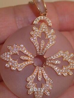 Gorgeous Designer 18k rose gold huge 1.8ct VS diamond pink quartz pendant 13.3g
