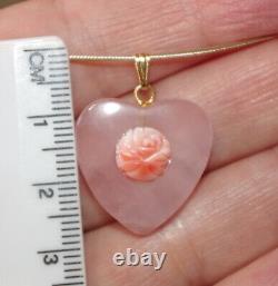 Gorgeous Rose Quartz Heart W Angel Skin Coral Carved Rose Pendent In 14k Gf