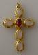 Granulated 22K 18K gold cross pendant with mexican fire opal and rose quartz