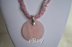 Hand Carved Pink Rose Quartz Gemstone Round Pendant 3 Stranded Necklace