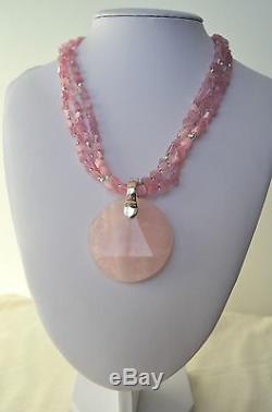 Hand Carved Pink Rose Quartz Gemstone Round Pendant 3 Stranded Necklace