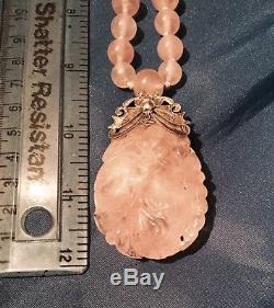 Hand Carved Rose Quartz Necklace / Pendant Chinese Silver Clasp & Butterfly 28