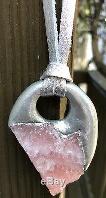 Handmade Raw Rose Quartz Pink Silver Clay Leather Talisman Necklace Pendant