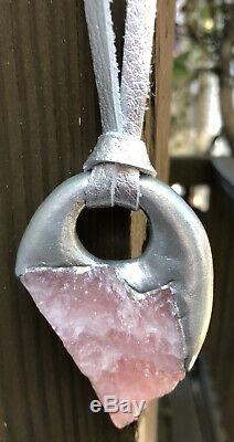 Handmade Raw Rose Quartz Pink Silver Clay Leather Talisman Necklace Pendant