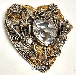 Hobe Sterling Silver Heart Brooch Pendant Highly Detailed Crystal Center 1.5