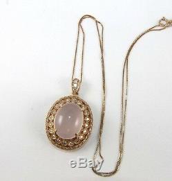 Huge Oval Pink Rose Quartz & Diamond Necklace Pendant 14K Rose Gold 13.81Ct