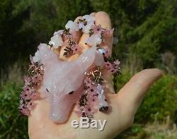 Huge Rose Quartz wolf pendant pink crystal witch cherry blossom pastel wicca elf