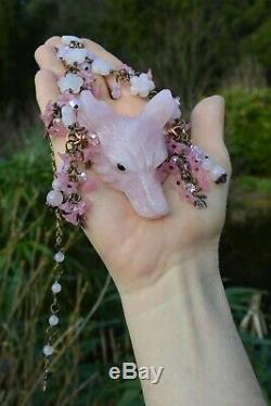 Huge Rose Quartz wolf pendant pink crystal witch cherry blossom pastel wicca elf