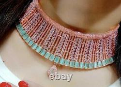 Indian American Diamond Necklace Tikka Earrings Stone Green Rose Gold Plated US