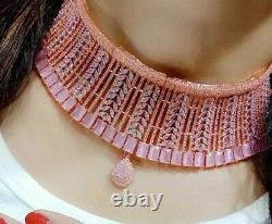 Indian American Diamond Necklace Tikka Earrings Stone Pink Rose Gold Plated US