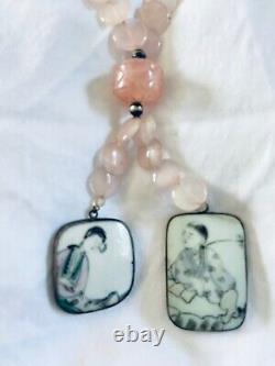 Japanese Rose Quartz Necklace with Painted Porcelain and Silver Pendants