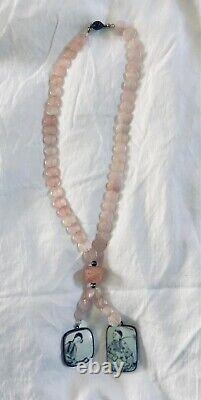 Japanese Rose Quartz Necklace with Painted Porcelain and Silver Pendants