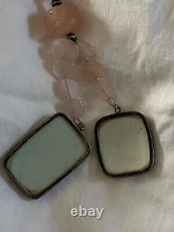 Japanese Rose Quartz Necklace with Painted Porcelain and Silver Pendants