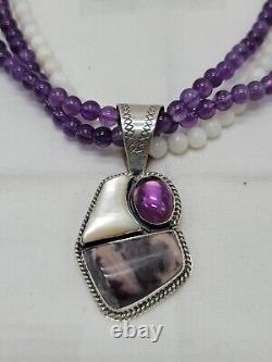 Jay King Necklace Amethyst & Rose Quartz 3 Strand Beaded Pendant 925 DTR