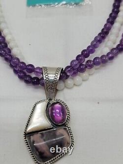 Jay King Necklace Amethyst & Rose Quartz 3 Strand Beaded Pendant 925 DTR