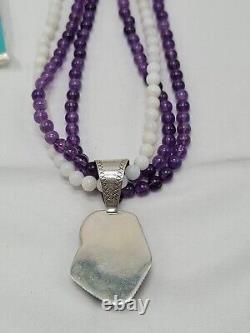 Jay King Necklace Amethyst & Rose Quartz 3 Strand Beaded Pendant 925 DTR