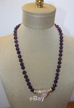 Judith Ripka Purple Jade Beaded Magnetic Necklace With Rose Quartz Heart Pendant