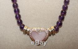Judith Ripka Purple Jade Beaded Magnetic Necklace With Rose Quartz Heart Pendant