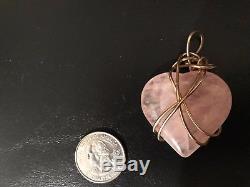 Kazuko Rare Gold Wrapped Wire Rose Quartz Heart Pendant