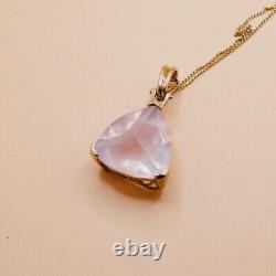 LARGE Rose Quartz Trillion Cut Pendant Vintage 9CT Gold with Chain, 5.56 grams