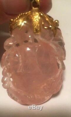 Large 14K Yellow Gold Pendant With Large Carved Rose Quartz