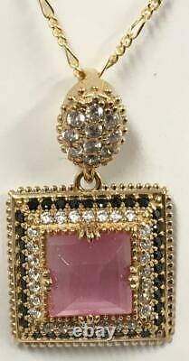 Large 8 ct Princess cut Rose quartz diamond pendant chain 925 14K yellow gold V
