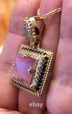 Large 8 ct Princess cut Rose quartz diamond pendant chain 925 14K yellow gold V