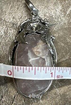 Large Cabichon Pink Rose Quartz Pendant Set In Sterling Silver 925 Marked