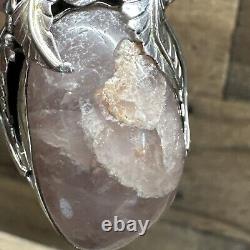 Large Cabichon Pink Rose Quartz Pendant Set In Sterling Silver 925 Marked