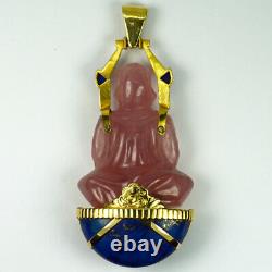 Large French 18K Yellow Gold Ruby Rose Quartz Lapis Buddha Pendant