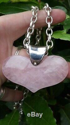 Large Heavy Vintage Rose Quartz Heart & Solid Sterling Silver Chain Necklace