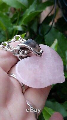 Large Heavy Vintage Rose Quartz Heart & Solid Sterling Silver Chain Necklace