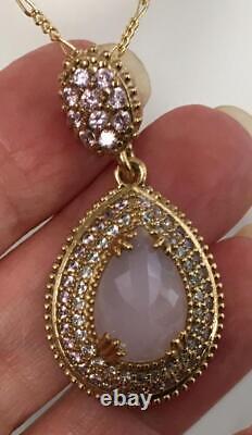 Large Natural Rose quartz & diamond pendant Solid 925 & 14K gold Y GP Necklace