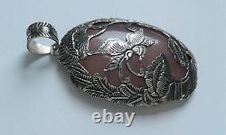 Large Ornate Handmade Balinese Silver & Rose Quartz Gemstone Pendant Bead, 5.5cm