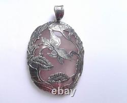 Large Ornate Handmade Balinese Silver & Rose Quartz Gemstone Pendant Bead, 5.5cm