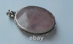 Large Ornate Handmade Balinese Silver & Rose Quartz Gemstone Pendant Bead, 5.5cm