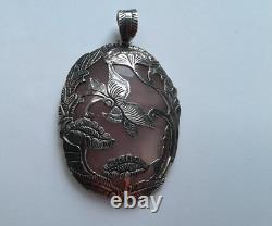 Large Ornate Handmade Balinese Silver & Rose Quartz Gemstone Pendant Bead, 5.5cm