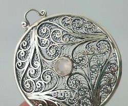 Large Vintage 925 Sterling Silver Filigree Lace Rose Quartz Pendant Handmade