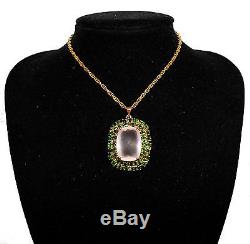 Large pendant with rose quartz and Chrome Diopside Yellow gold from 925 Silver