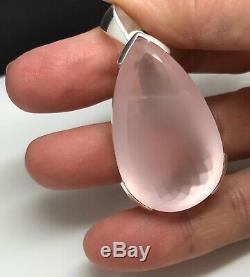 Large rose quartz faceted pear pendant solid Sterling Silver, New, 40 x 24mm